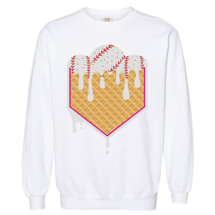 Baseball Waffle Cone Home Plate With Ice Cream Drip Garment-Dyed Sweatshirt