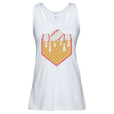 Baseball Waffle Cone Home Plate With Ice Cream Drip Ladies Essential Flowy Tank