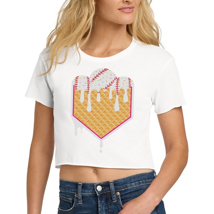 Baseball Waffle Cone Home Plate With Ice Cream Drip Crop Top