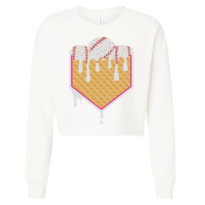 Baseball Waffle Cone Home Plate With Ice Cream Drip Cropped Pullover Crew