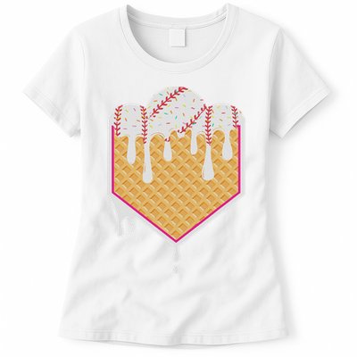 Baseball Waffle Cone Home Plate With Ice Cream Drip Womens T-Shirt