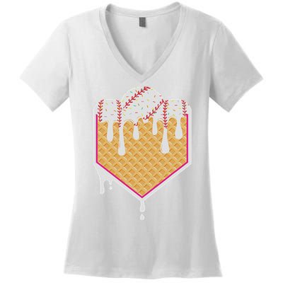 Baseball Waffle Cone Home Plate With Ice Cream Drip Women's V-Neck T-Shirt
