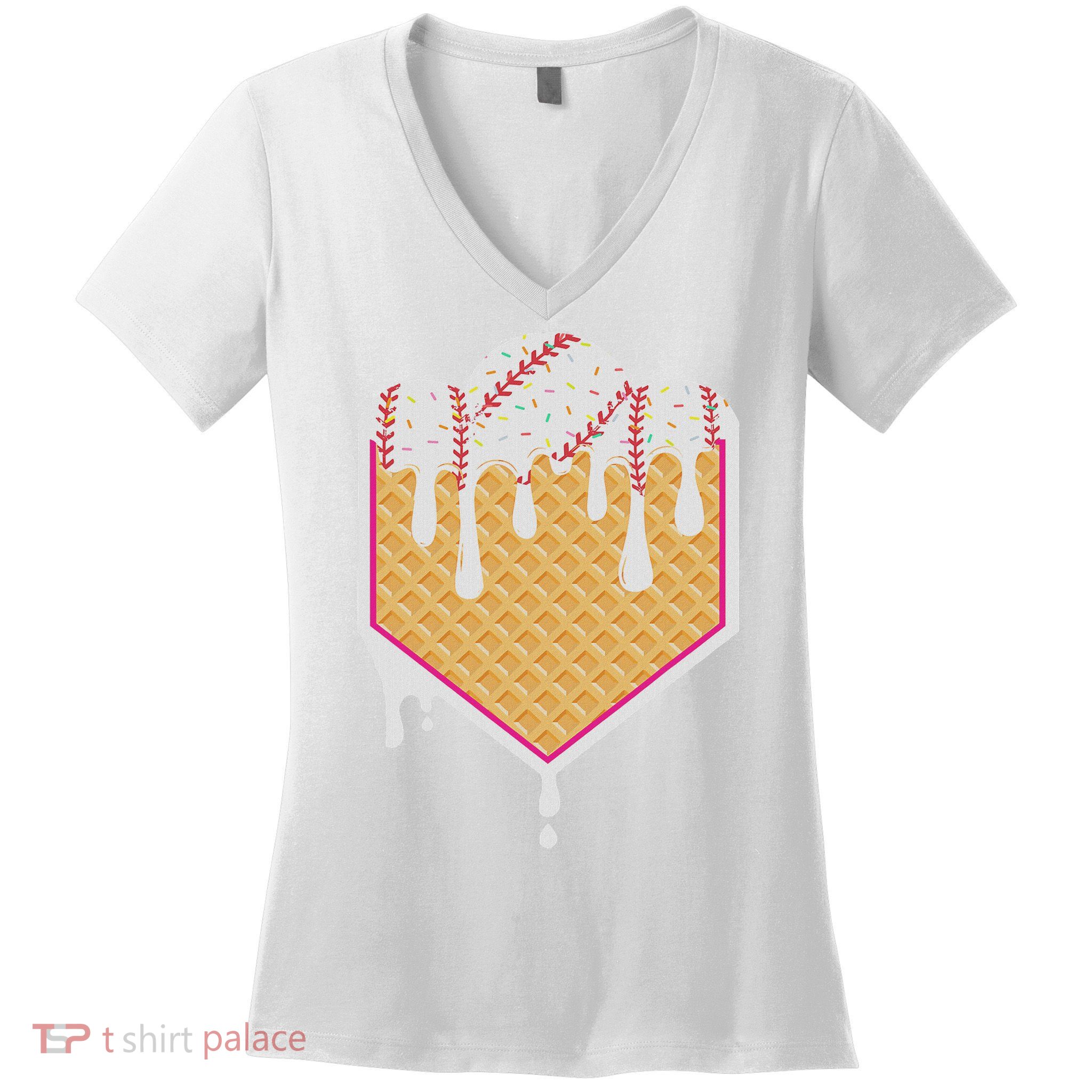 Baseball Waffle Cone Home Plate With Ice Cream Drip Women's V-Neck T-Shirt