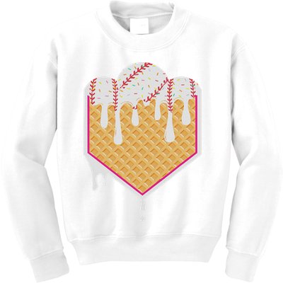 Baseball Waffle Cone Home Plate With Ice Cream Drip Kids Sweatshirt