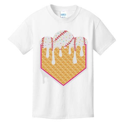 Baseball Waffle Cone Home Plate With Ice Cream Drip Kids T-Shirt