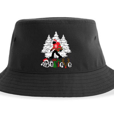 Bigfoot Wearing Christmas Pajamas Sasquatch And Xmas Tree Long Sleeve Sustainable Bucket Hat