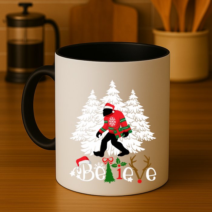 Bigfoot Wearing Christmas Pajamas Sasquatch And Xmas Tree Long Sleeve Mug