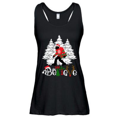 Bigfoot Wearing Christmas Pajamas Sasquatch And Xmas Tree Long Sleeve Ladies Essential Flowy Tank