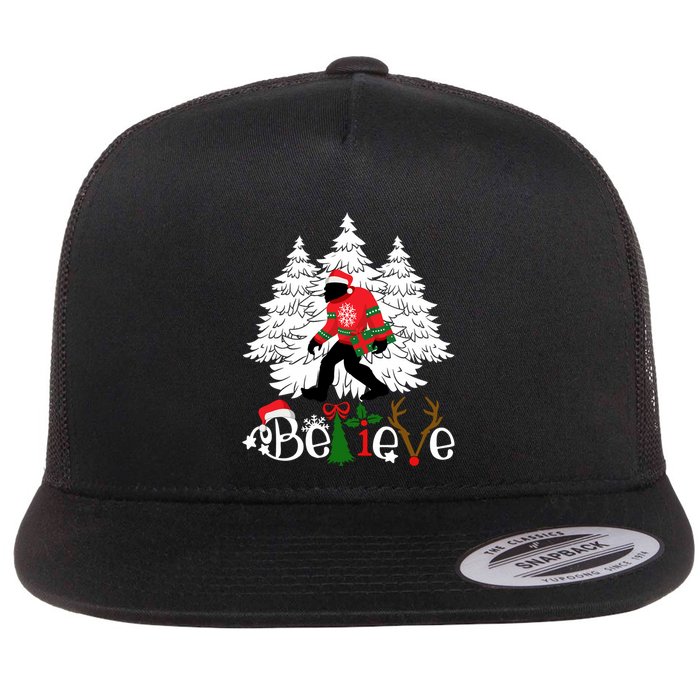Bigfoot Wearing Christmas Pajamas Sasquatch And Xmas Tree Long Sleeve Flat Bill Trucker Hat