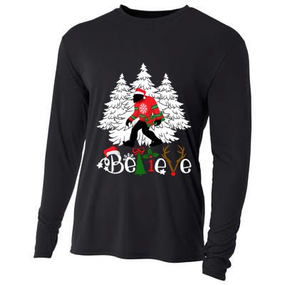 Bigfoot Wearing Christmas Pajamas Sasquatch And Xmas Tree Long Sleeve Cooling Performance Long Sleeve Crew