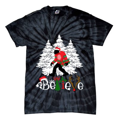 Bigfoot Wearing Christmas Pajamas Sasquatch And Xmas Tree Long Sleeve Tie-Dye T-Shirt