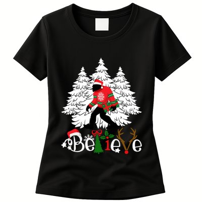Bigfoot Wearing Christmas Pajamas Sasquatch And Xmas Tree Long Sleeve Womens T-Shirt
