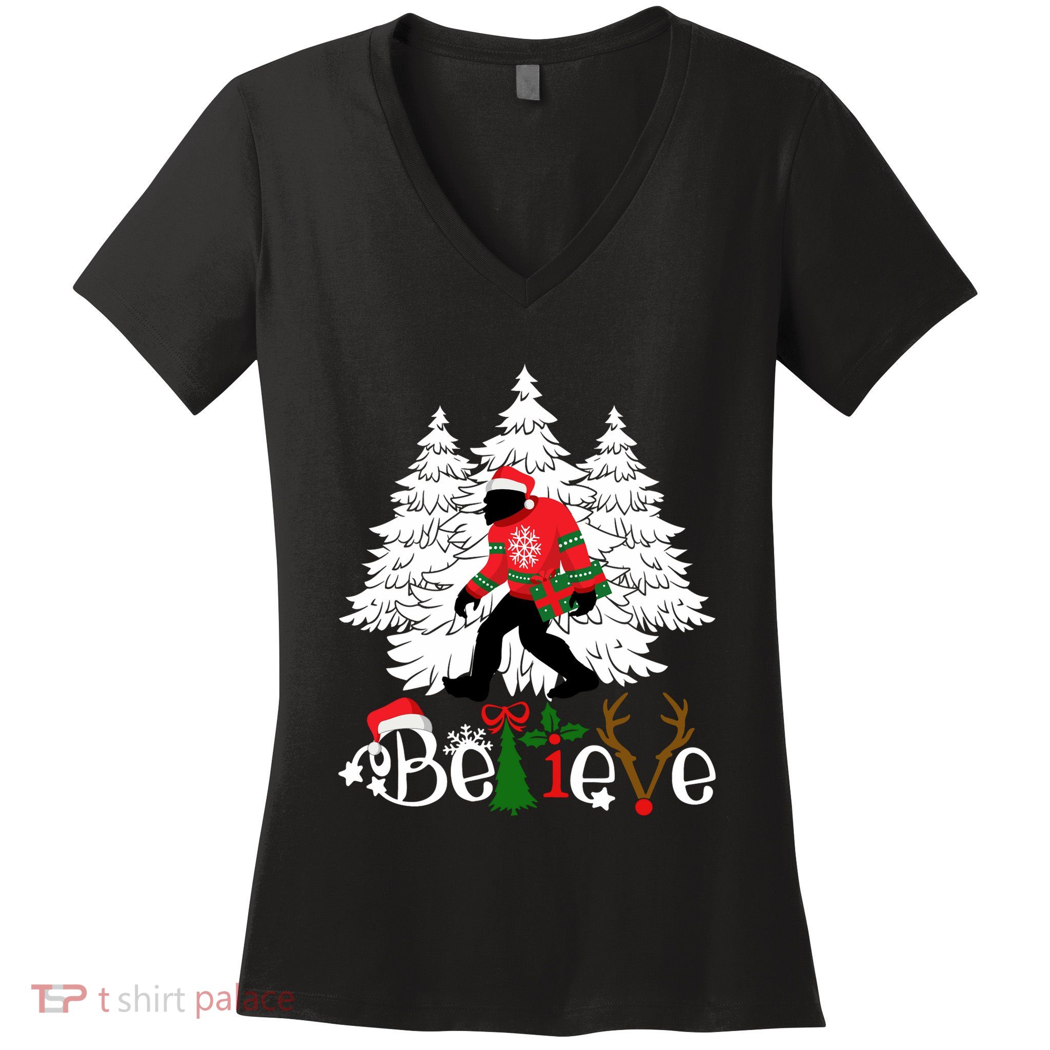 Bigfoot Wearing Christmas Pajamas Sasquatch And Xmas Tree Long Sleeve Women's V-Neck T-Shirt