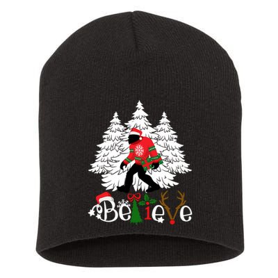 Bigfoot Wearing Christmas Pajamas Sasquatch And Xmas Tree Long Sleeve Short Acrylic Beanie