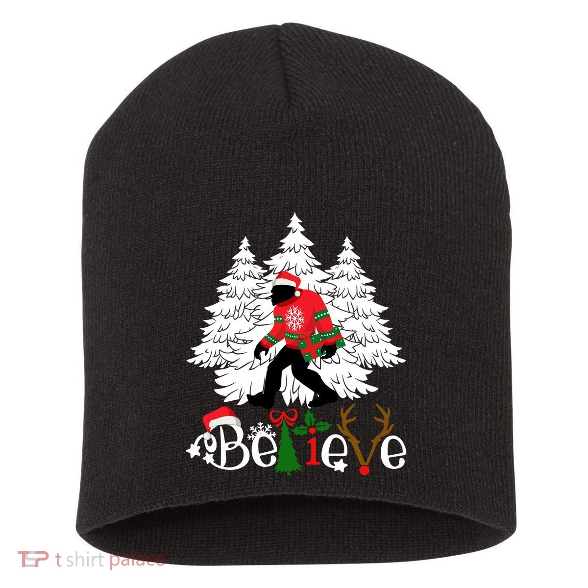 Bigfoot Wearing Christmas Pajamas Sasquatch And Xmas Tree Long Sleeve Short Acrylic Beanie