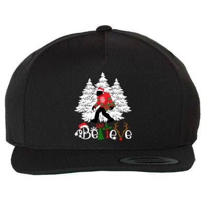 Bigfoot Wearing Christmas Pajamas Sasquatch And Xmas Tree Long Sleeve Wool Snapback Cap