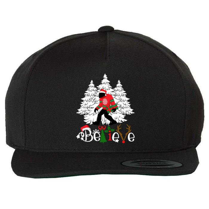 Bigfoot Wearing Christmas Pajamas Sasquatch And Xmas Tree Long Sleeve Wool Snapback Cap