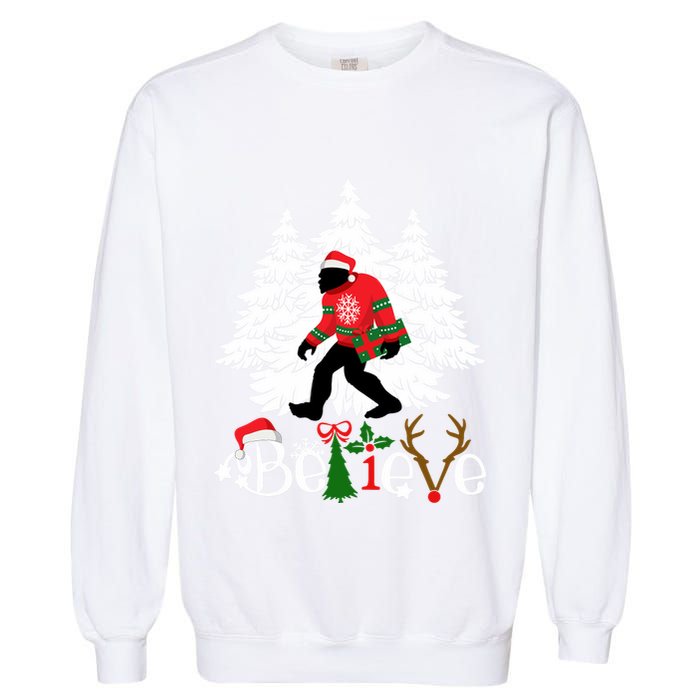 Bigfoot Wearing Christmas Pajamas Sasquatch And Xmas Tree Long Sleeve Garment-Dyed Sweatshirt