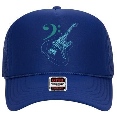 Bass With Clef Neon For Bassists Bass Player High Crown Mesh Back Trucker Hat