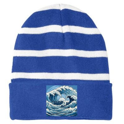 Blue Wave Cat Ladies For Kamala Harris President 2024 Gift Striped Beanie with Solid Band