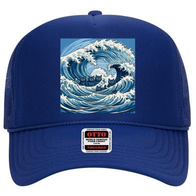 Blue Wave Cat Ladies For Kamala Harris President 2024 Gift High Crown Mesh Back Trucker Hat