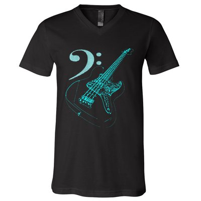 Bass With Clef Neon For Bassists & Bass Player V-Neck T-Shirt