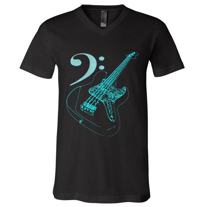 Bass With Clef Neon For Bassists & Bass Player V-Neck T-Shirt