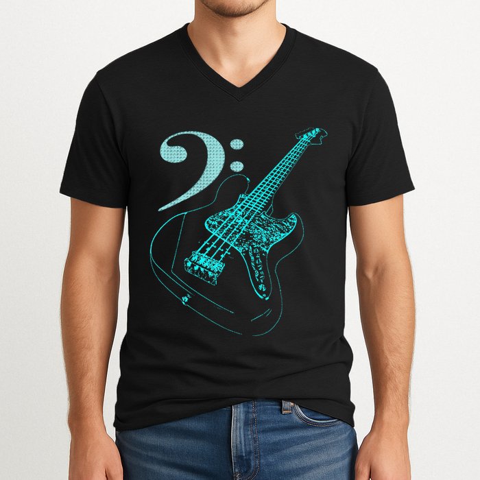 Bass With Clef Neon For Bassists & Bass Player V-Neck T-Shirt
