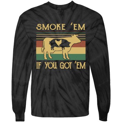 Barbecue With Cow Pig And Chicken Smoke ’Em If You Got ’Em Retro Tie-Dye Long Sleeve Shirt