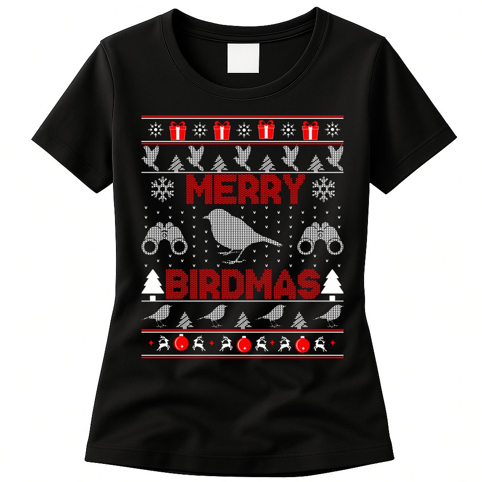 Bird Watching Christmas Birding Merry Birdmas Ugly Sweater Womens T-Shirt