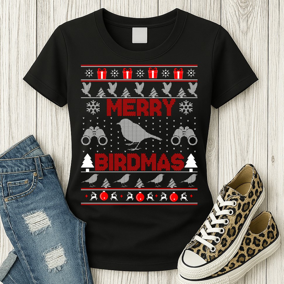 Bird Watching Christmas Birding Merry Birdmas Ugly Sweater Womens T-Shirt