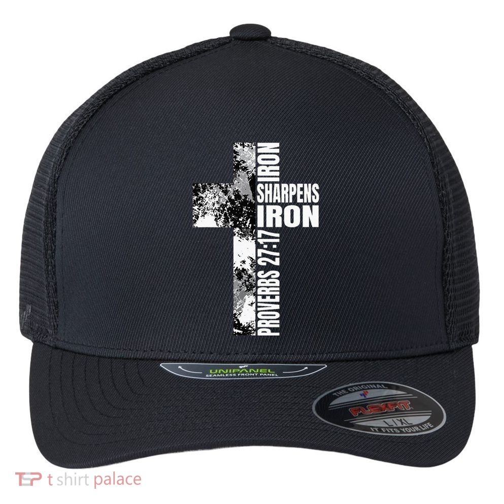 Black White Cross Iron Sharpens Iron Verse Christian Couples Flexfit Unipanel Trucker Cap