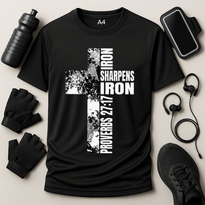Black White Cross Iron Sharpens Iron Verse Christian Couples Cooling Performance Crew T-Shirt