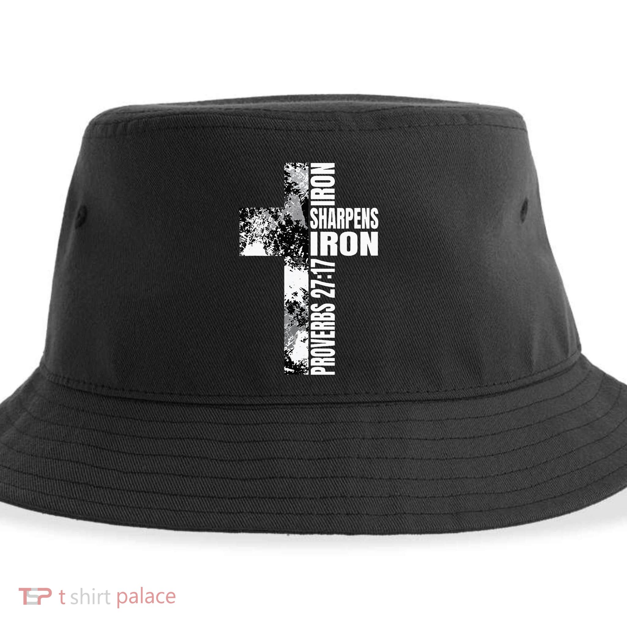 Black White Cross Iron Sharpens Iron Verse Christian Couples Sustainable Bucket Hat