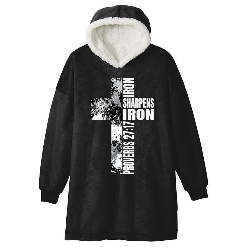 Black White Cross Iron Sharpens Iron Verse Christian Couples Hooded Wearable Blanket