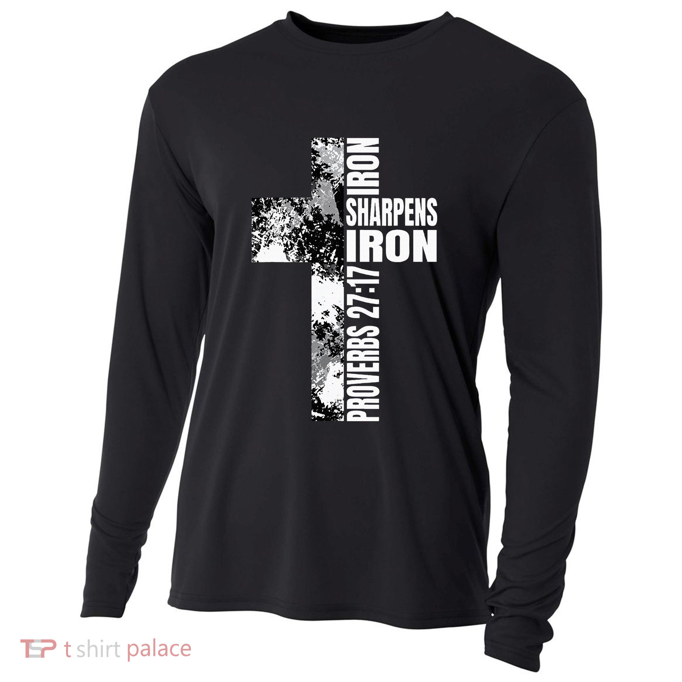 Black White Cross Iron Sharpens Iron Verse Christian Couples Cooling Performance Long Sleeve Crew