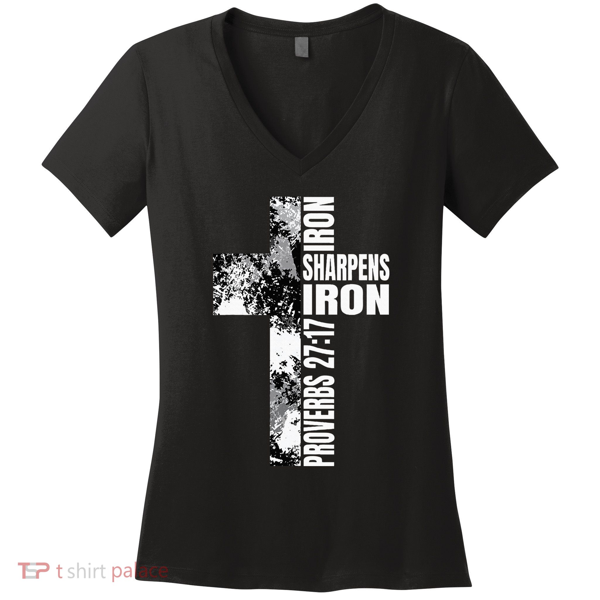Black White Cross Iron Sharpens Iron Verse Christian Couples Women's V-Neck T-Shirt