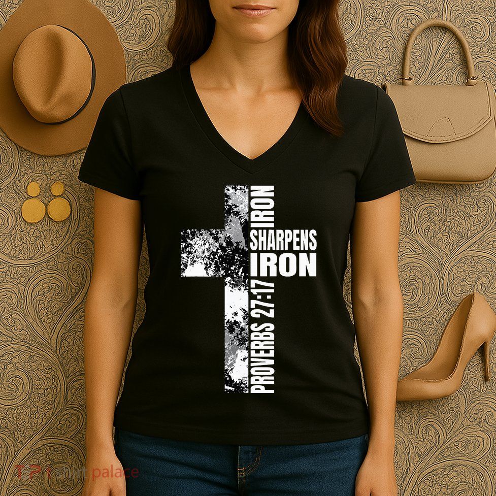 Black White Cross Iron Sharpens Iron Verse Christian Couples Women's V-Neck T-Shirt