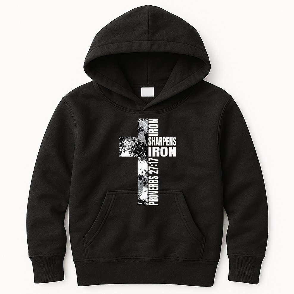 Black White Cross Iron Sharpens Iron Verse Christian Couples Kids Hoodie