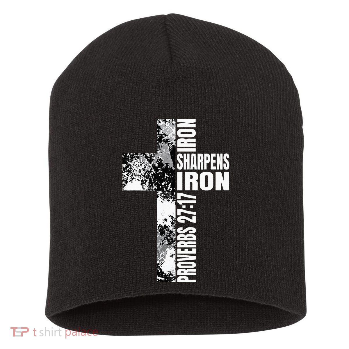 Black White Cross Iron Sharpens Iron Verse Christian Couples Short Acrylic Beanie