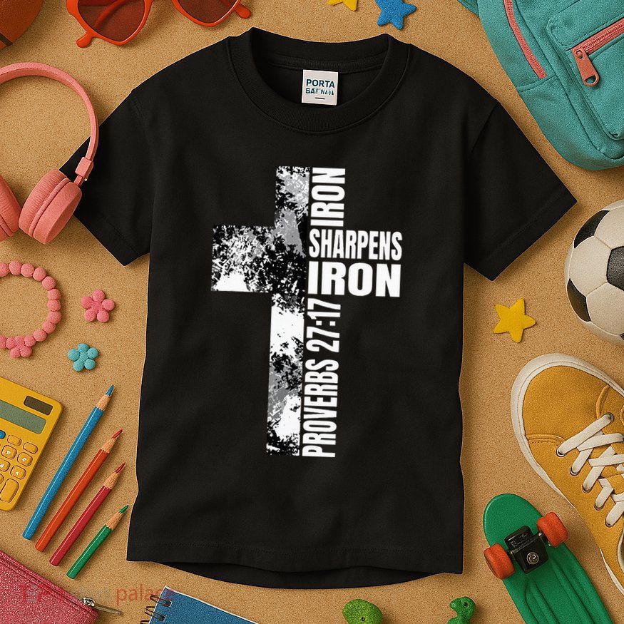 Black White Cross Iron Sharpens Iron Verse Christian Couples Kids T-Shirt