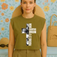 Black White Cross Iron Sharpens Iron Verse Christian Couples Garment-Dyed Women's Muscle Tee
