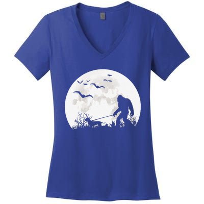 Bigfoot Walking Dachshund Dog Moon Sasquatch Halloween Dog Gift Women's V-Neck T-Shirt