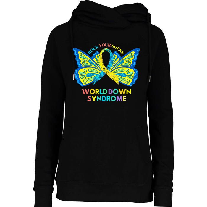 Butterfly World Down Syndrome Day Rock Your Socks Awareness Womens Funnel Neck Pullover Hood