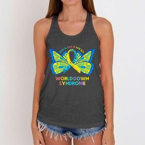 Butterfly World Down Syndrome Day Rock Your Socks Awareness Women's Knotted Racerback Tank