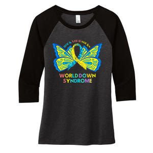 Butterfly World Down Syndrome Day Rock Your Socks Awareness Women's Tri-Blend 3/4-Sleeve Raglan Shirt