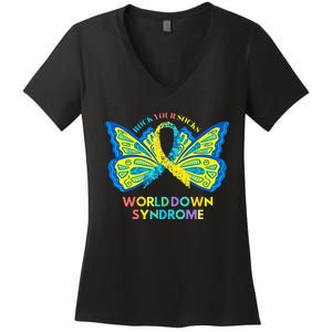 Butterfly World Down Syndrome Day Rock Your Socks Awareness Women's V-Neck T-Shirt