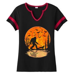 Bigfoot Walking Dachshund Funny Wiener Dog Halloween Ladies Halftime Notch Neck Tee