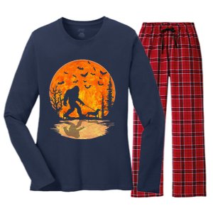 Bigfoot Walking Dachshund Funny Wiener Dog Halloween Women's Long Sleeve Flannel Pajama Set 