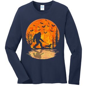 Bigfoot Walking Dachshund Funny Wiener Dog Halloween Ladies Long Sleeve Shirt